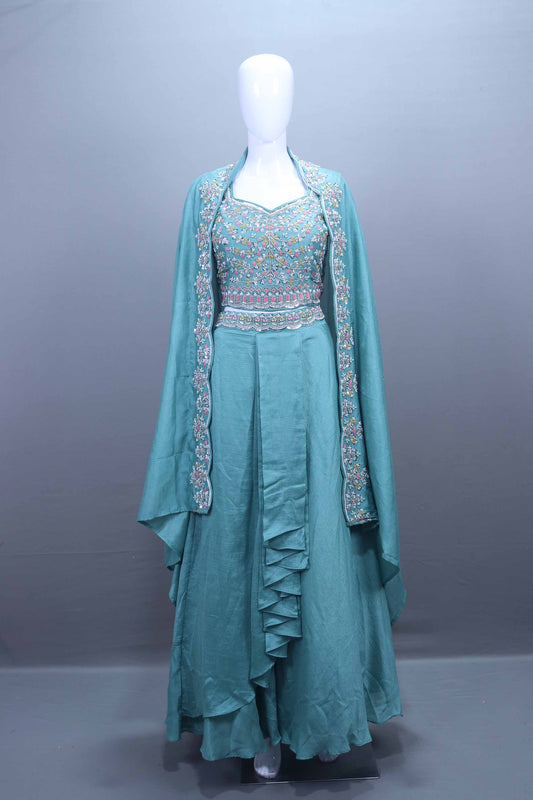 Elegant Aqua Blue Embroidered Lehenga Choli with Dupatta