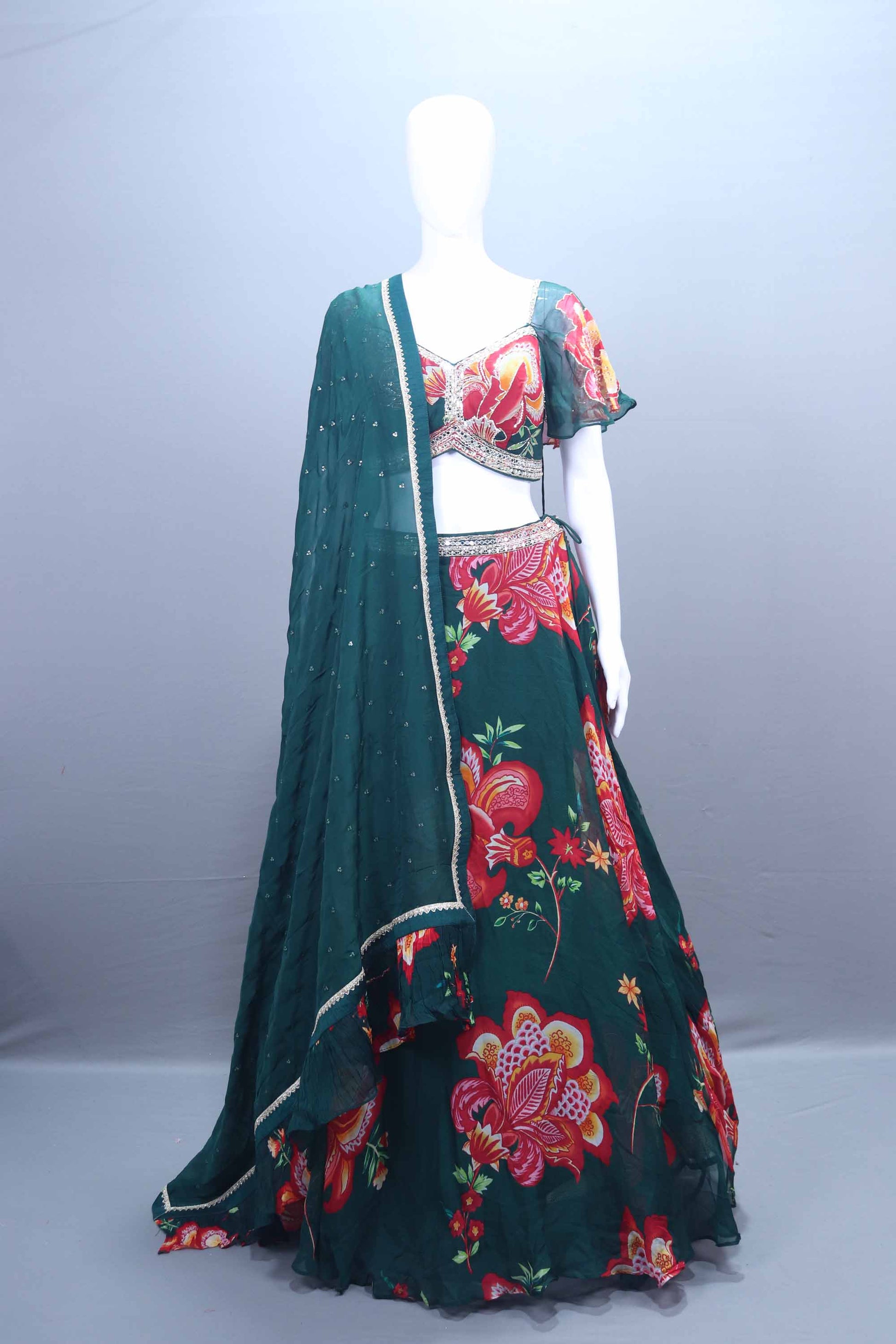 Dark Green Lehenga Choli with Embroidered Dupatta 