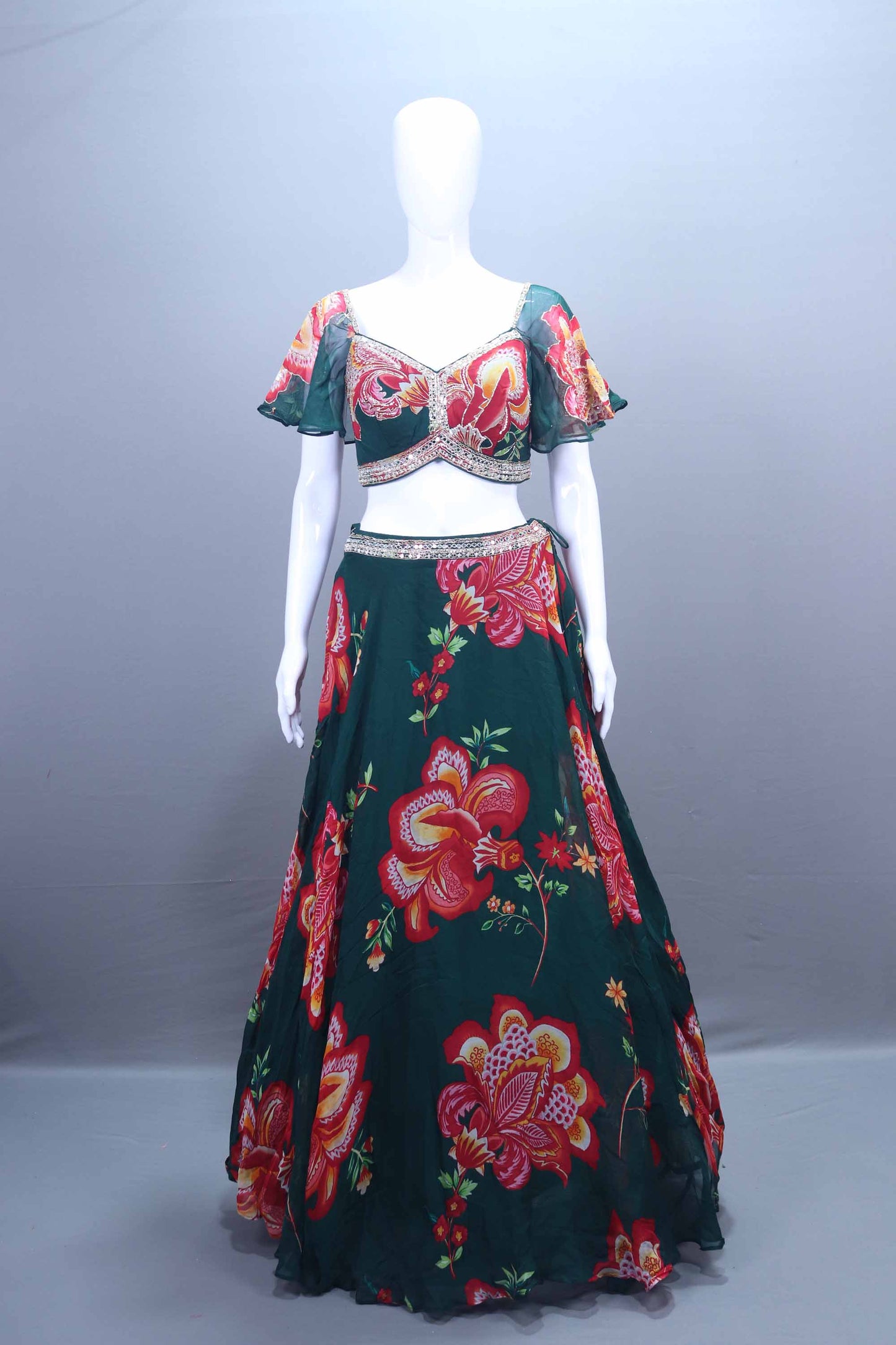 Dark Green Lehenga Choli with Embroidered Dupatta