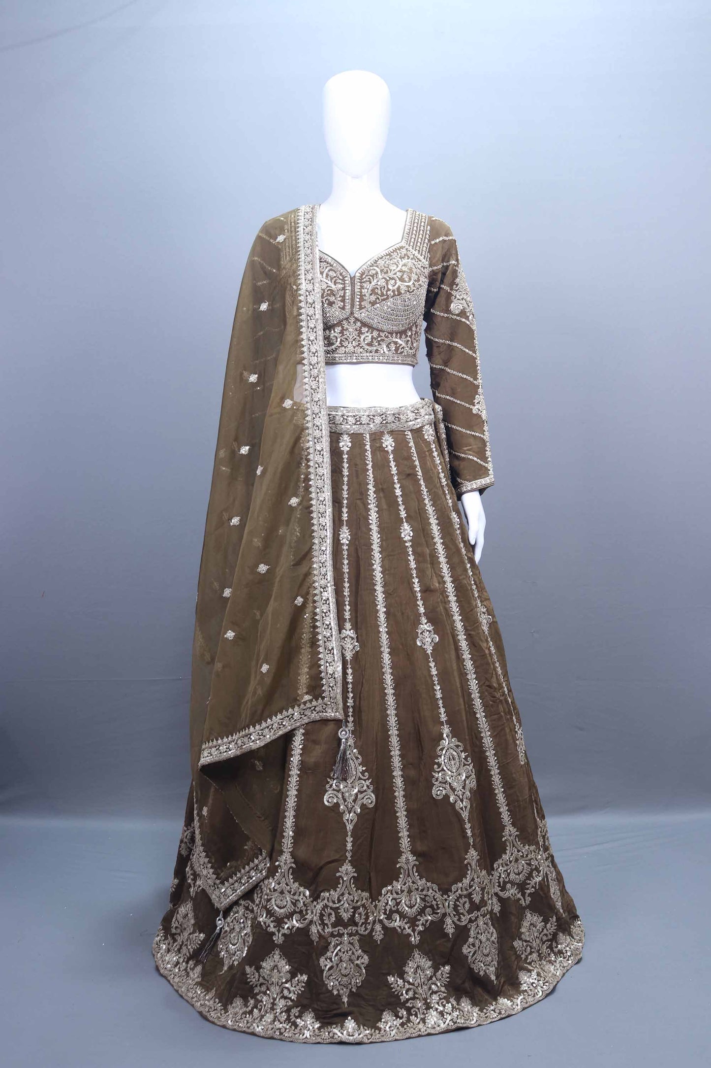 Olive Green Embroidered Velvet Lehenga Choli Dupatta