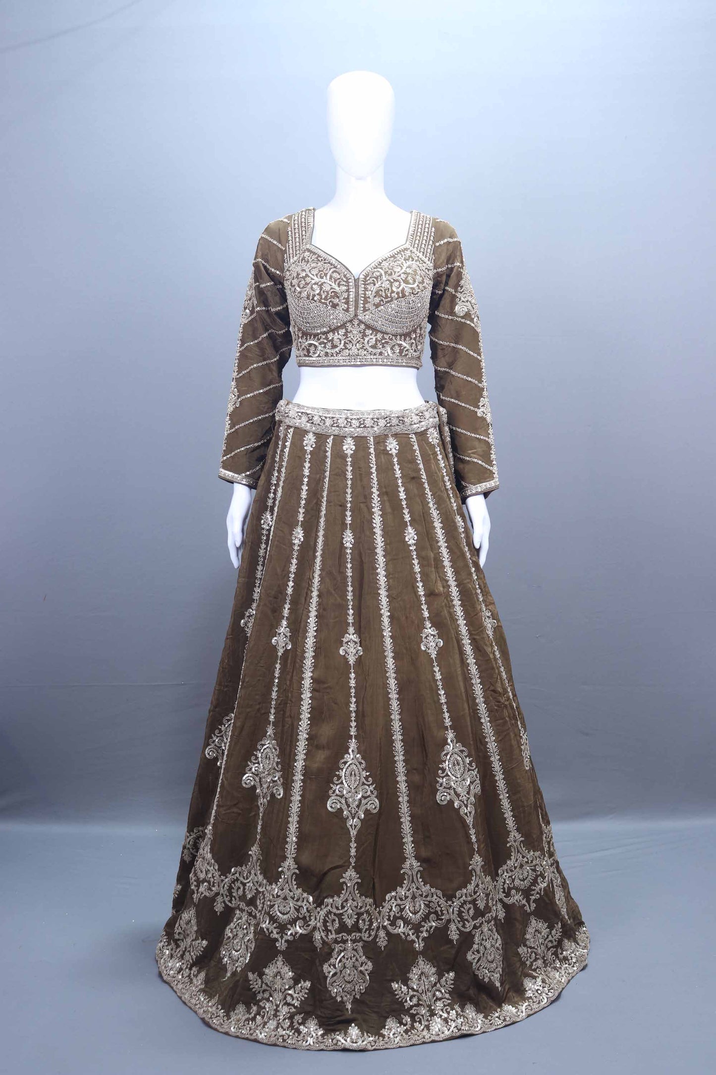 Olive Green Embroidered Velvet Lehenga Choli Dupatta