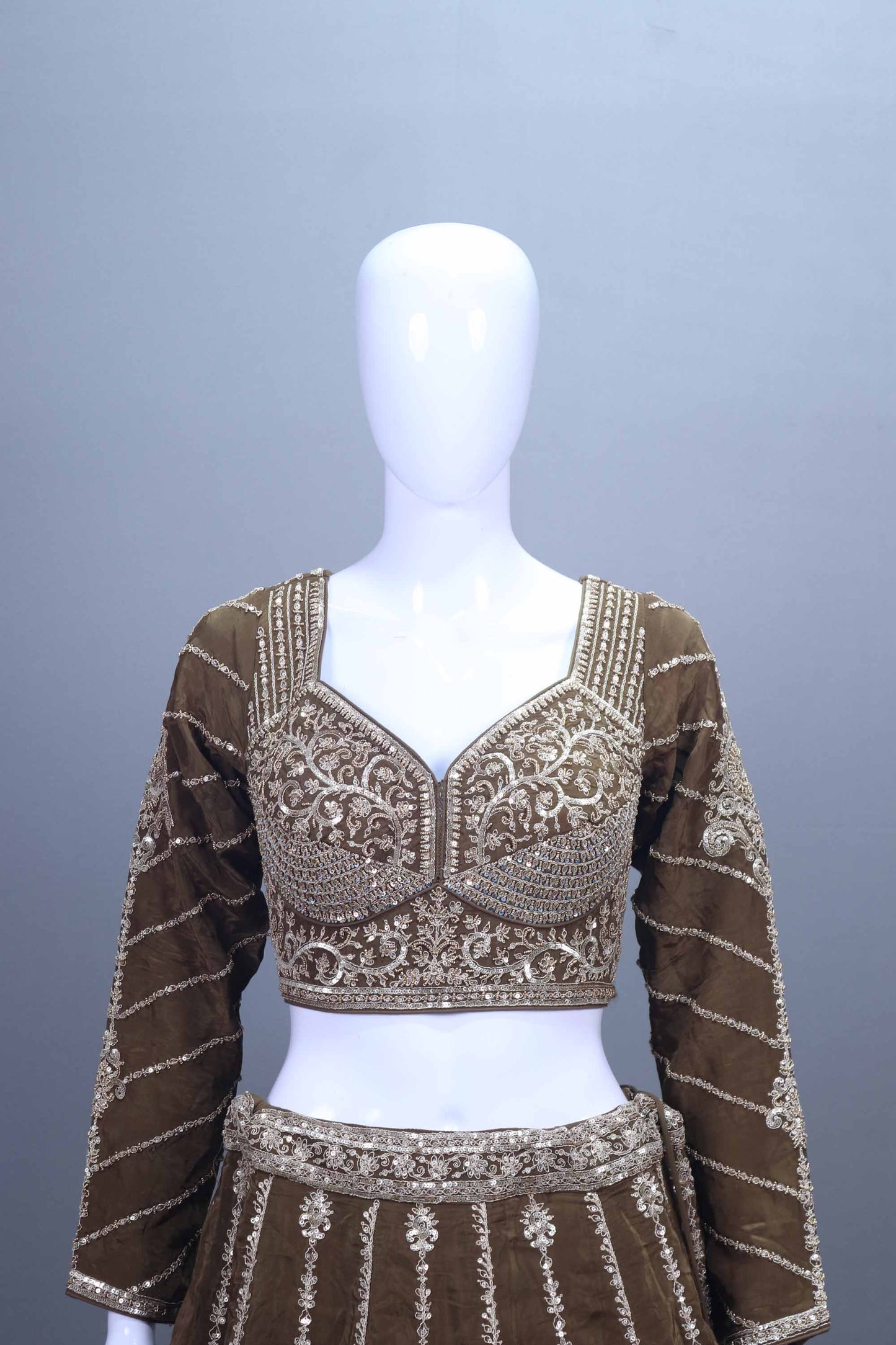 Olive Green Embroidered Velvet Lehenga Choli Dupatta
