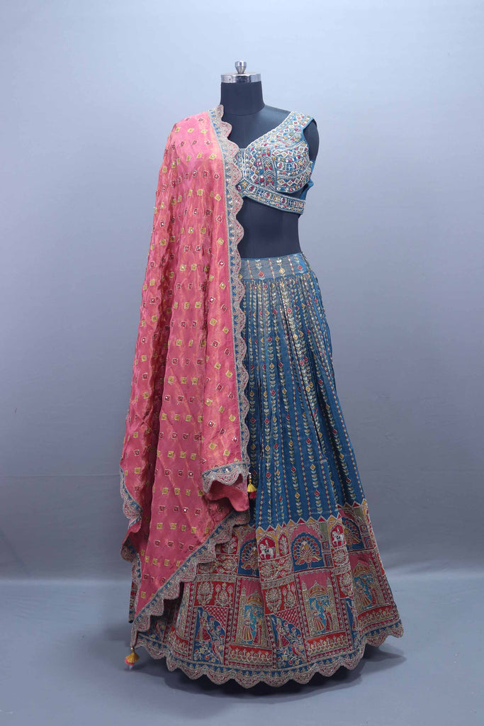 Blue Embroidered Lehenga Choli with Pink Dupatta 