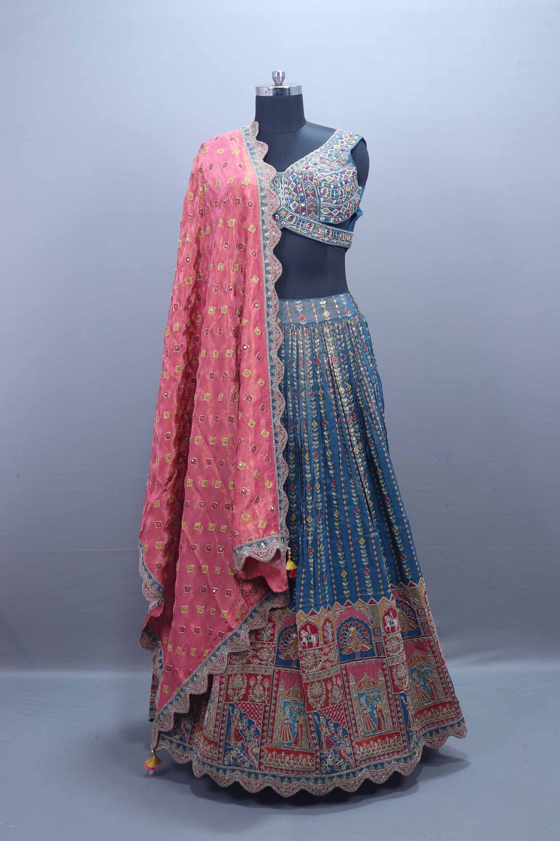 Blue Embroidered Lehenga Choli with Pink Dupatta 