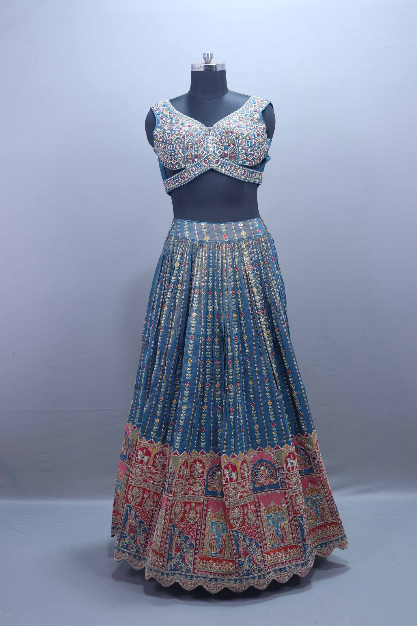 Blue Embroidered Lehenga Choli with Pink Dupatta