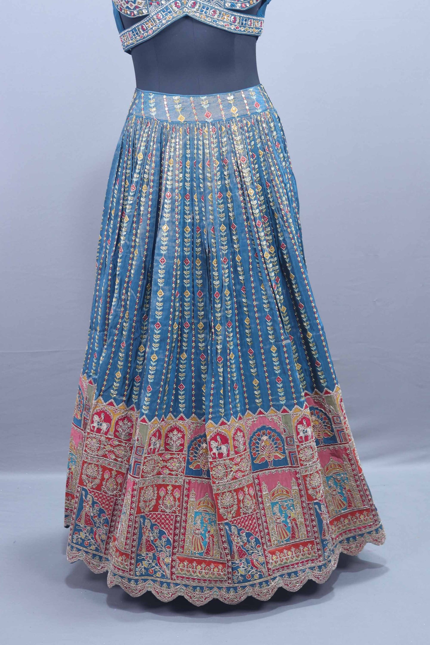 Blue Embroidered Lehenga Choli with Pink Dupatta