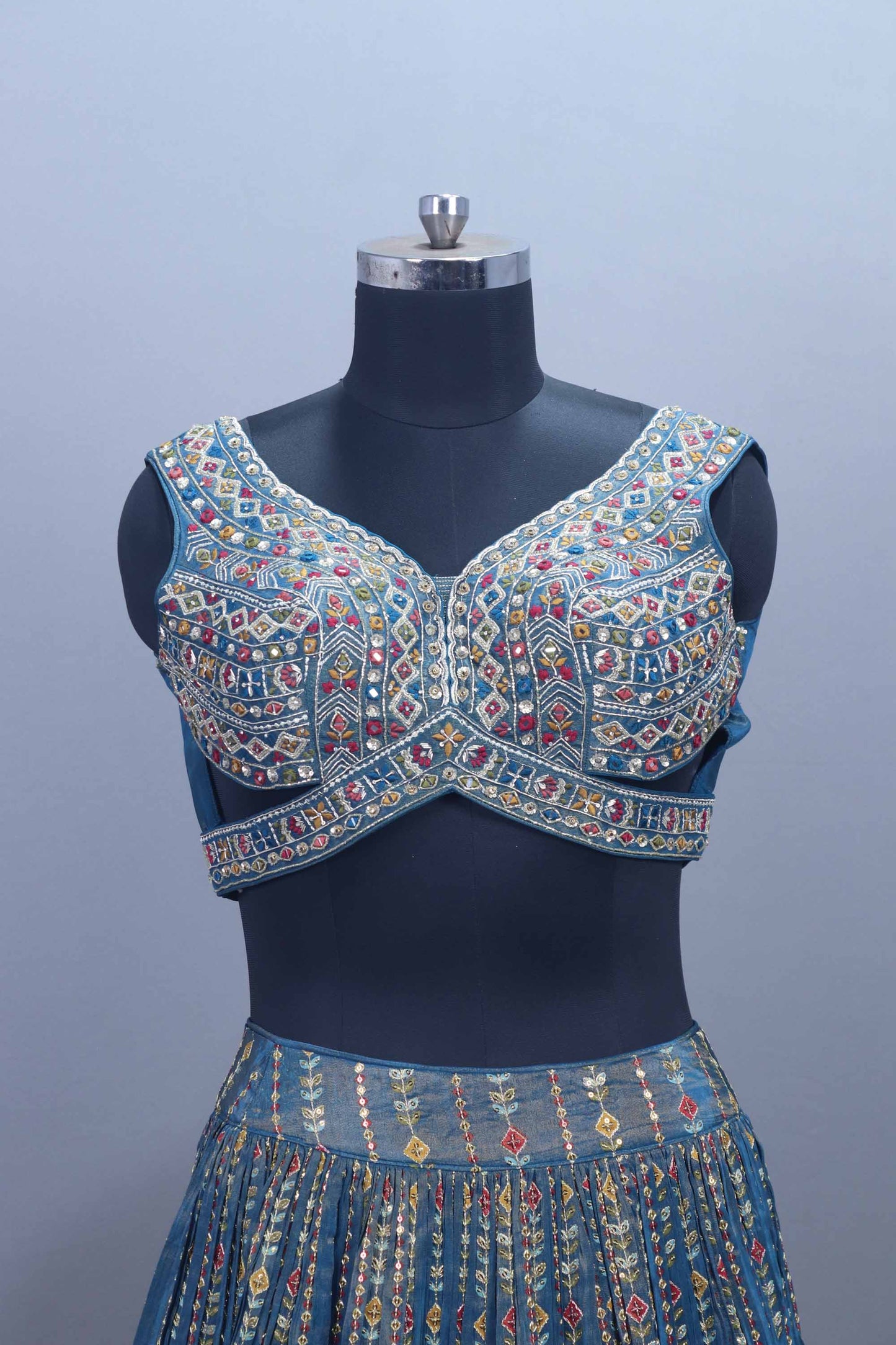 Blue Embroidered Lehenga Choli with Pink Dupatta