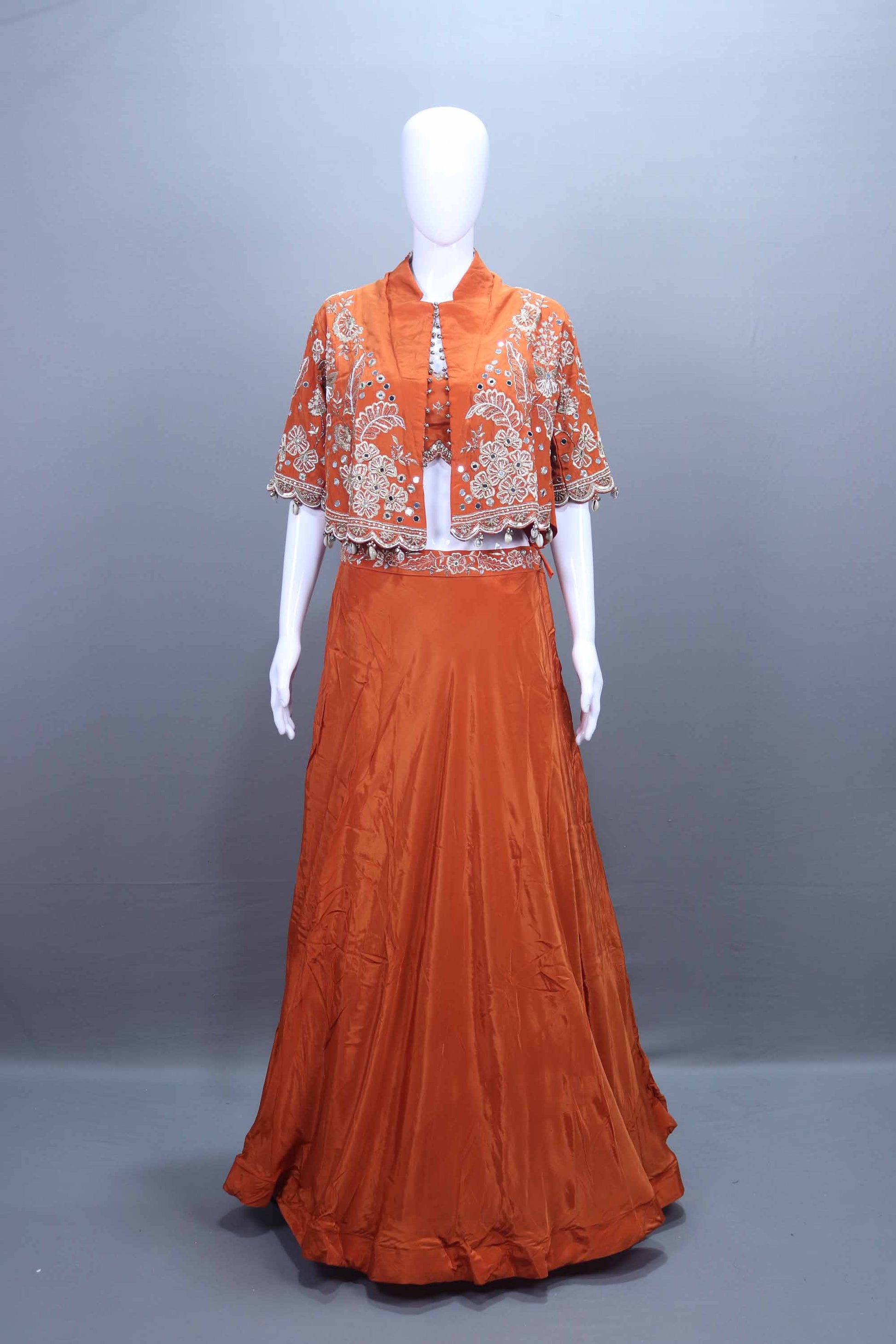 Orange Lehenga Choli Set with Crop Top Jacket Party Wear 