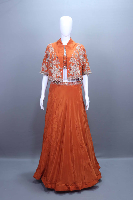 Orange Lehenga Choli Set with Crop Top Jacket Party Wear 