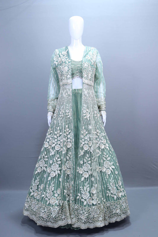 Designer Mint Green Embroidered Net Anarkali Gown Long Jacket 