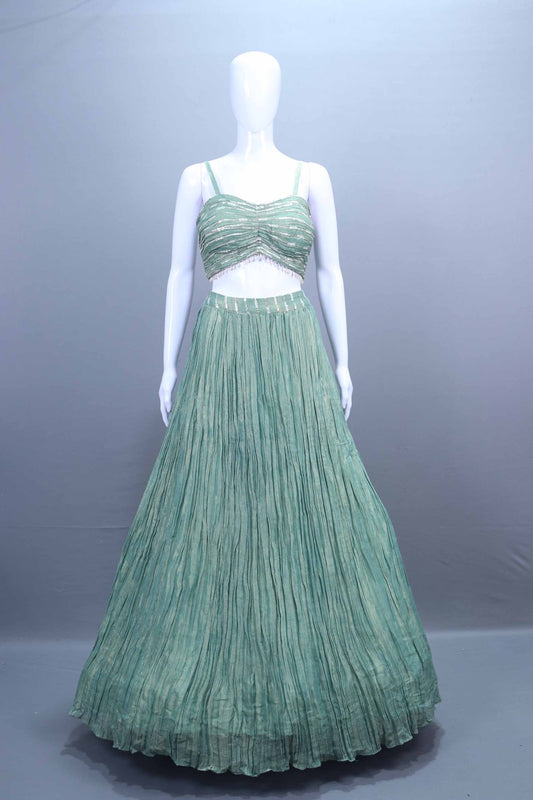 Designer Mint Green Embroidered Net Anarkali Gown Long Jacket