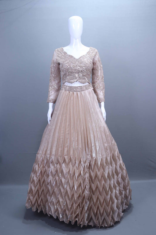 Beige Net Embroidered Pleated Lehenga Choli with Dupatta