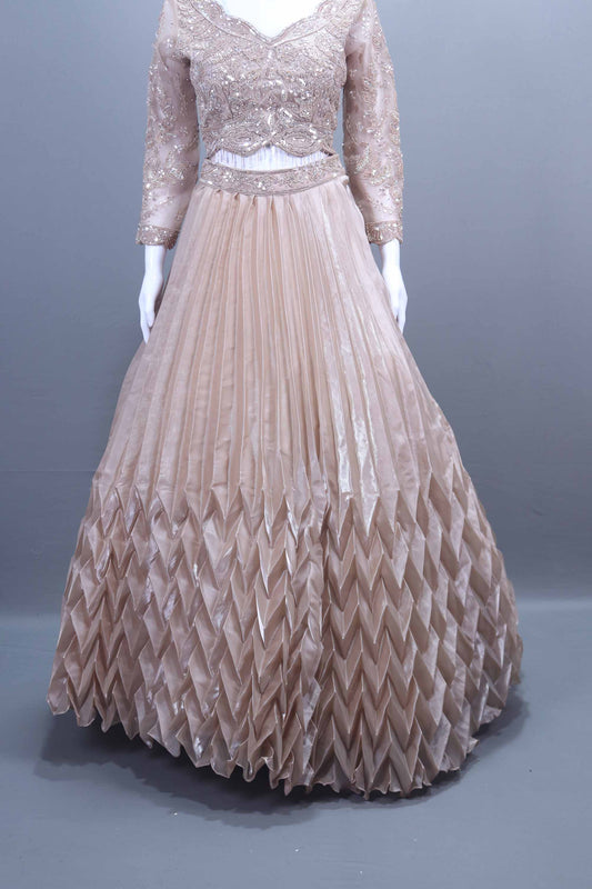 Beige Net Embroidered Pleated Lehenga Choli with Dupatta