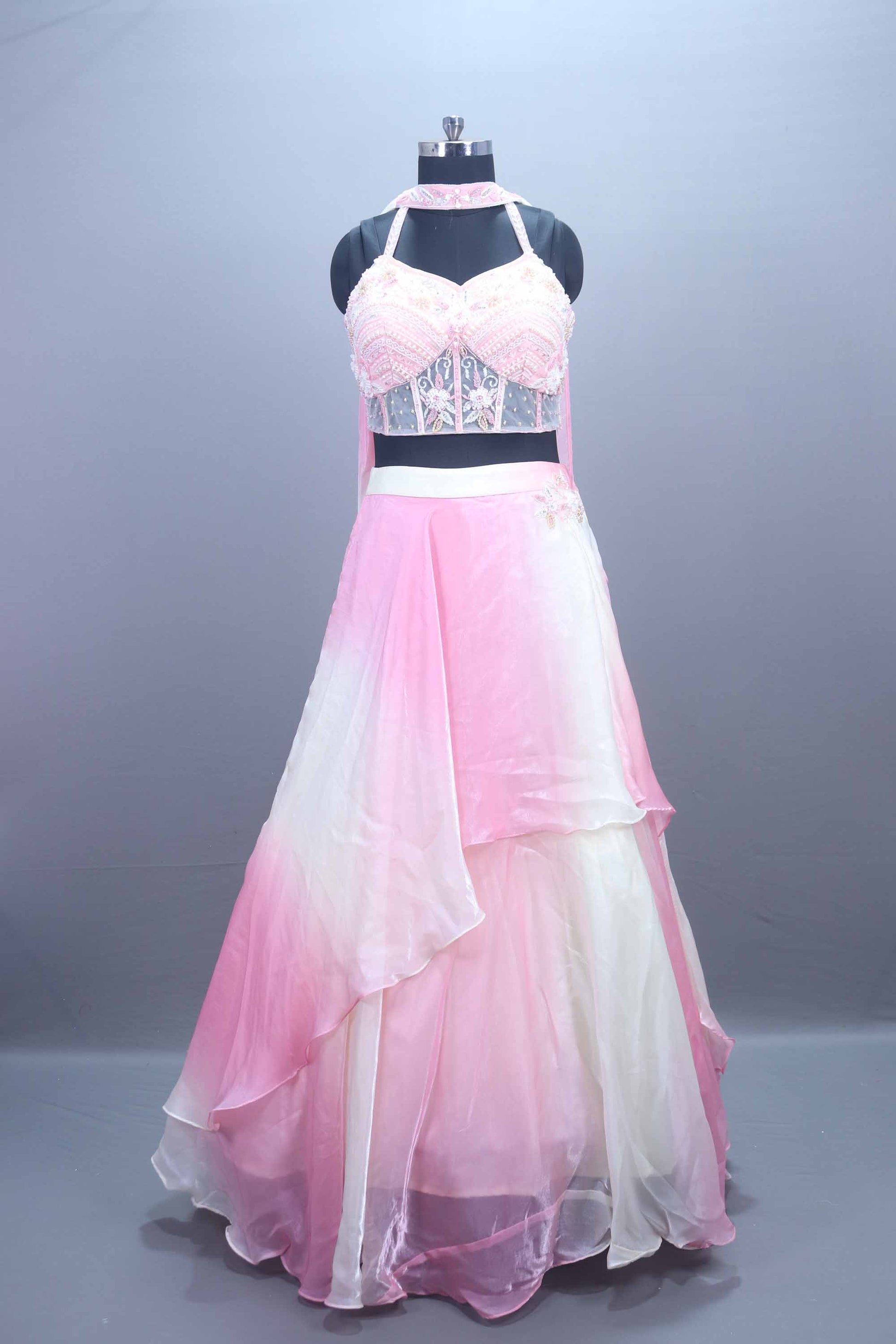 Stylish Pink Ombre Embroidered Lehenga Set  Halter Neck Blouse 