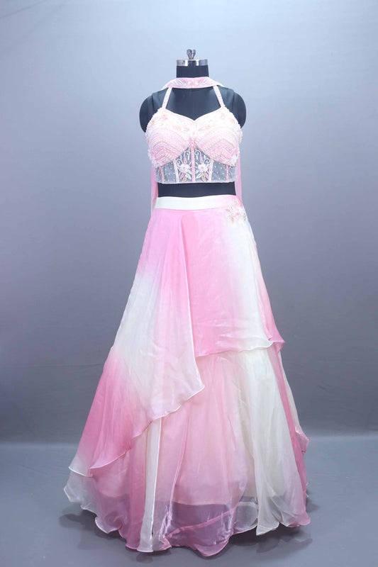 Stylish Pink Ombre Embroidered Lehenga Set  Halter Neck Blouse 