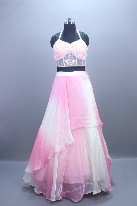 Stylish Pink Ombre Embroidered Lehenga Set  Halter Neck Blouse