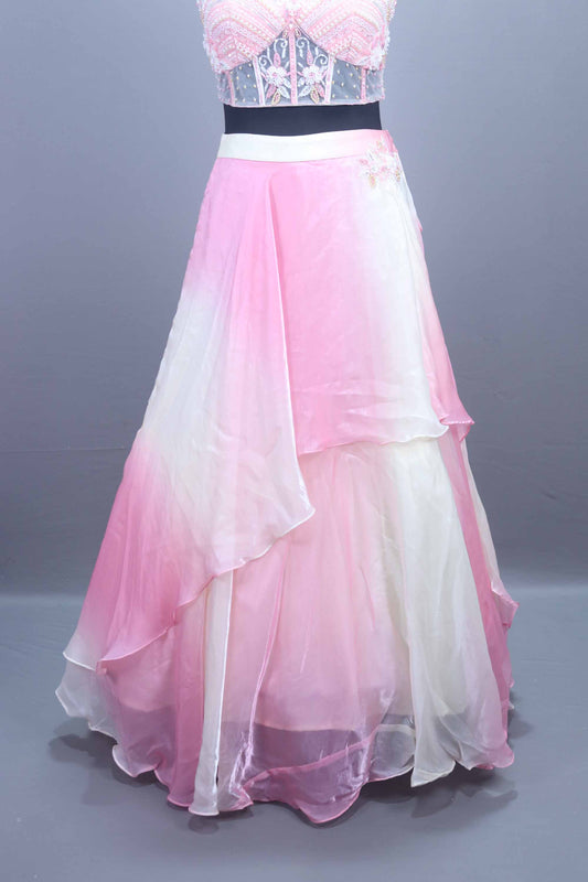 Stylish Pink Ombre Embroidered Lehenga Set  Halter Neck Blouse
