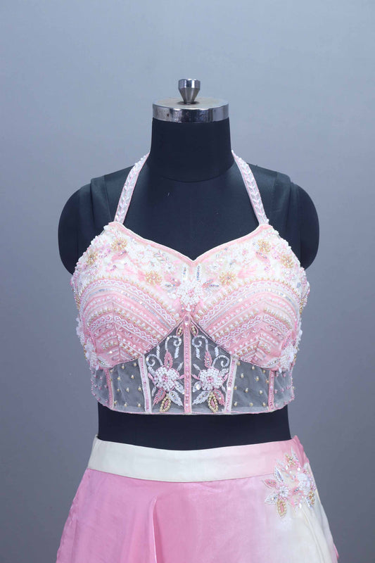 Stylish Pink Ombre Embroidered Lehenga Set  Halter Neck Blouse