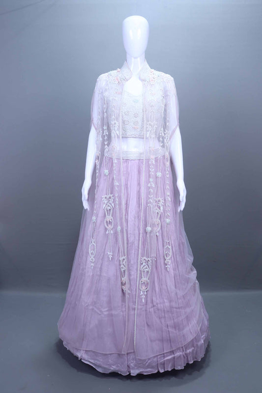 Pastel Lavender Embroidered Net Lehenga Set Crop Top and Cape Designer 