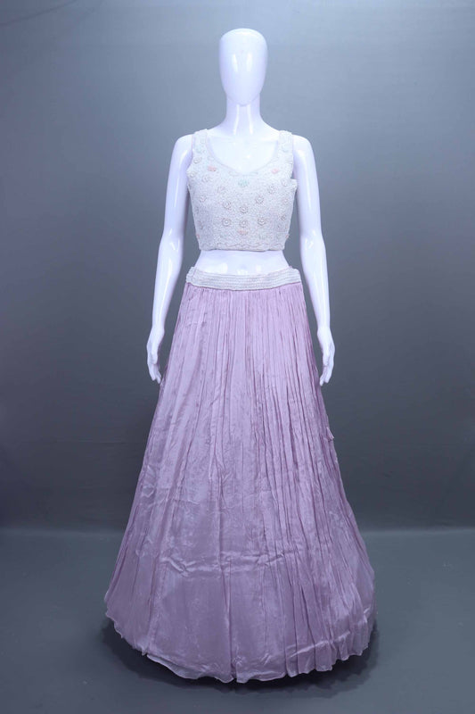 Pastel Lavender Embroidered Net Lehenga Set Crop Top and Cape Designer