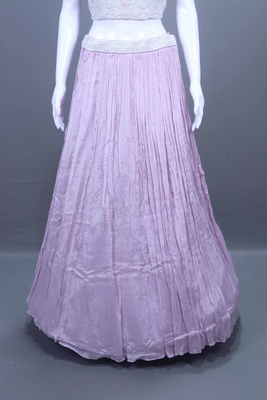 Pastel Lavender Embroidered Net Lehenga Set Crop Top and Cape Designer