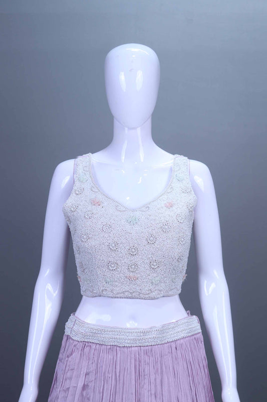 Pastel Lavender Embroidered Net Lehenga Set Crop Top and Cape Designer