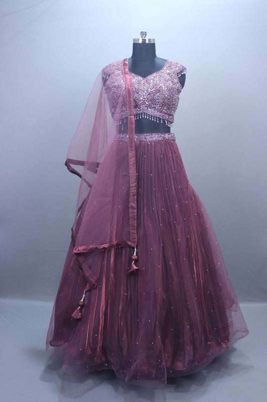Wine Purple Embellished Net Designer Lehenga Choli with Dupatta