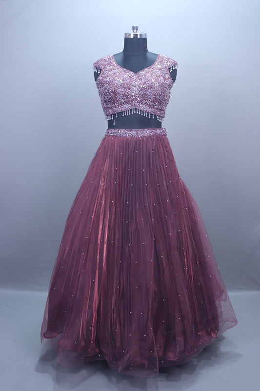 Wine Purple Embellished Net Designer Lehenga Choli with Dupatta
