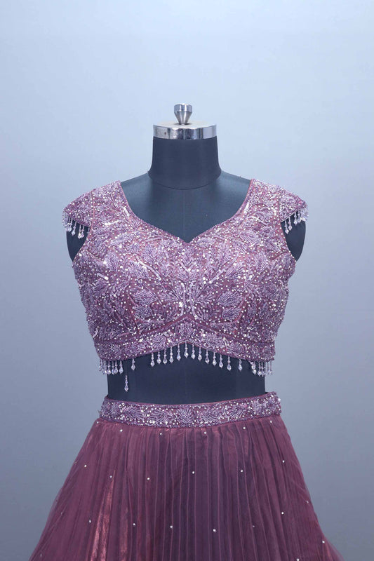 Wine Purple Embellished Net Designer Lehenga Choli with Dupatta