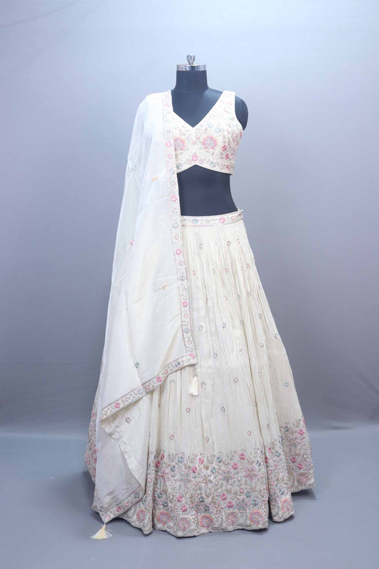 Ivory White Embroidered Silk Lehenga Choli with Dupatta