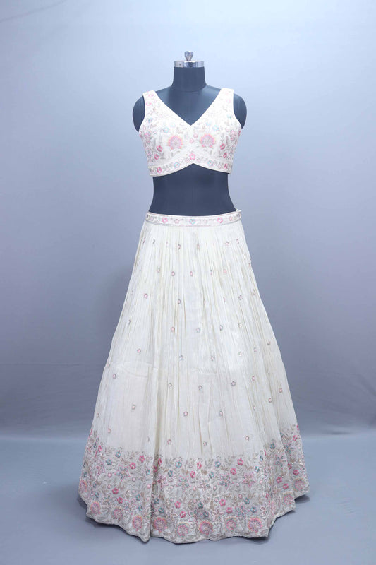 Ivory White Embroidered Silk Lehenga Choli with Dupatta