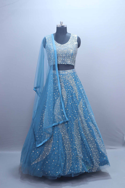 Sky Blue Mirror Work Designer Lehenga Choli with Net Dupatta