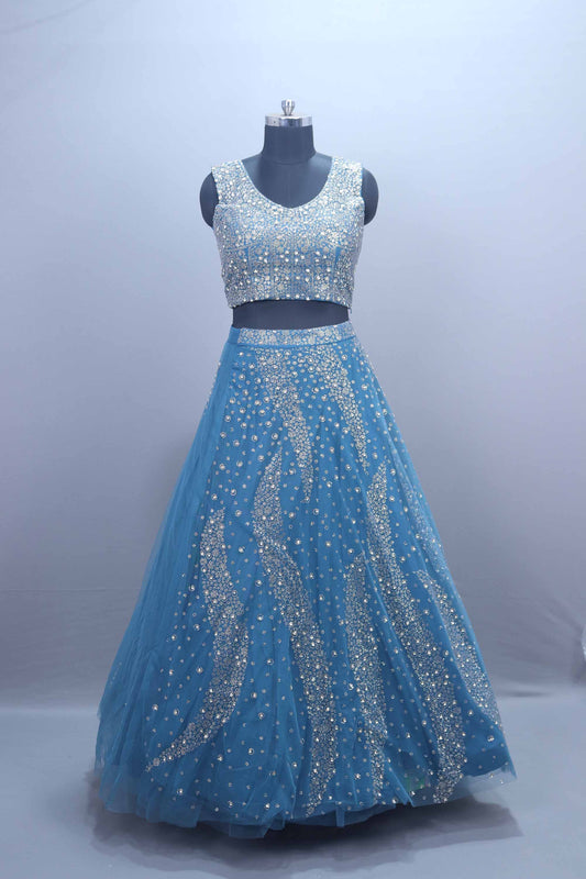 Sky Blue Mirror Work Designer Lehenga Choli with Net Dupatta