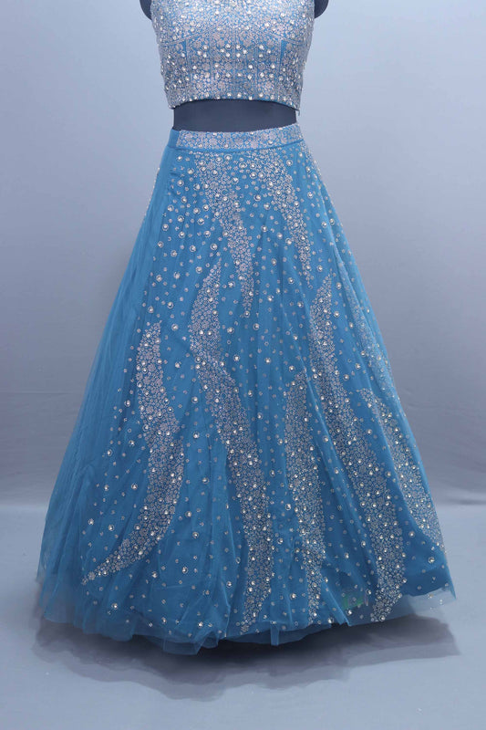 Sky Blue Mirror Work Designer Lehenga Choli with Net Dupatta