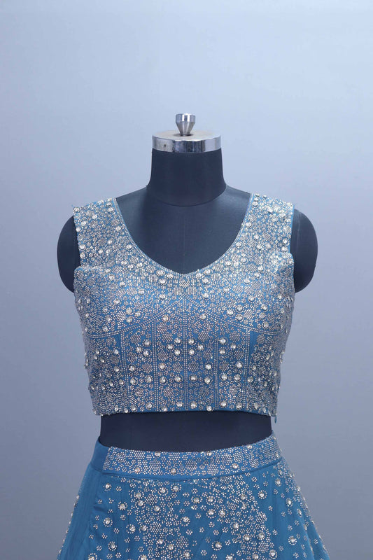Sky Blue Mirror Work Designer Lehenga Choli with Net Dupatta
