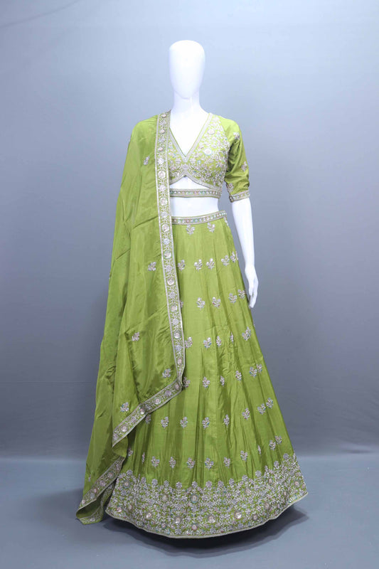 Olive Green Embroidered Silk Lehenga Choli with Dupatta

