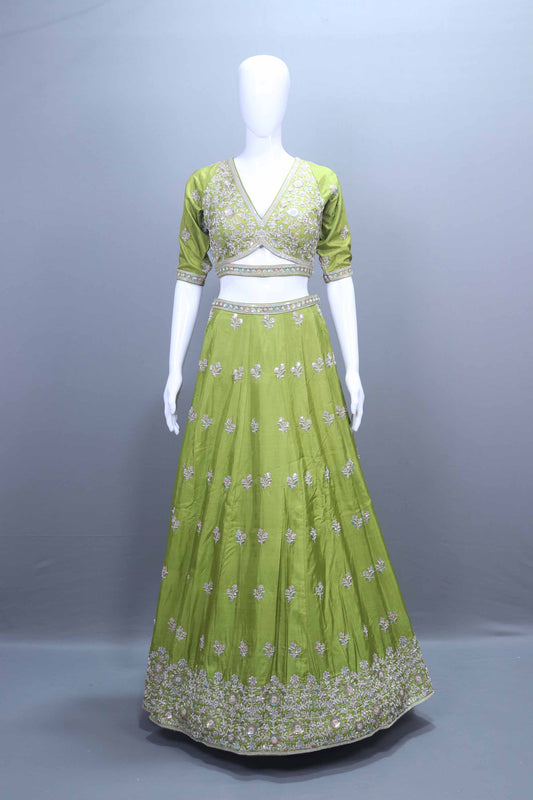 Olive Green Embroidered Silk Lehenga Choli with Dupatta