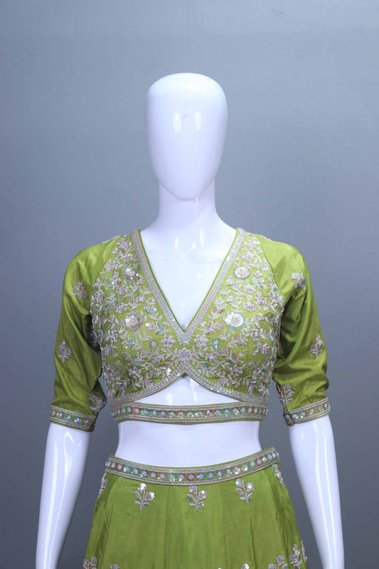 Olive Green Embroidered Silk Lehenga Choli with Dupatta