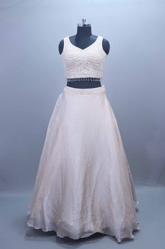 Ivory White Embellished Silk Lehenga Choli with Beaded Detailing