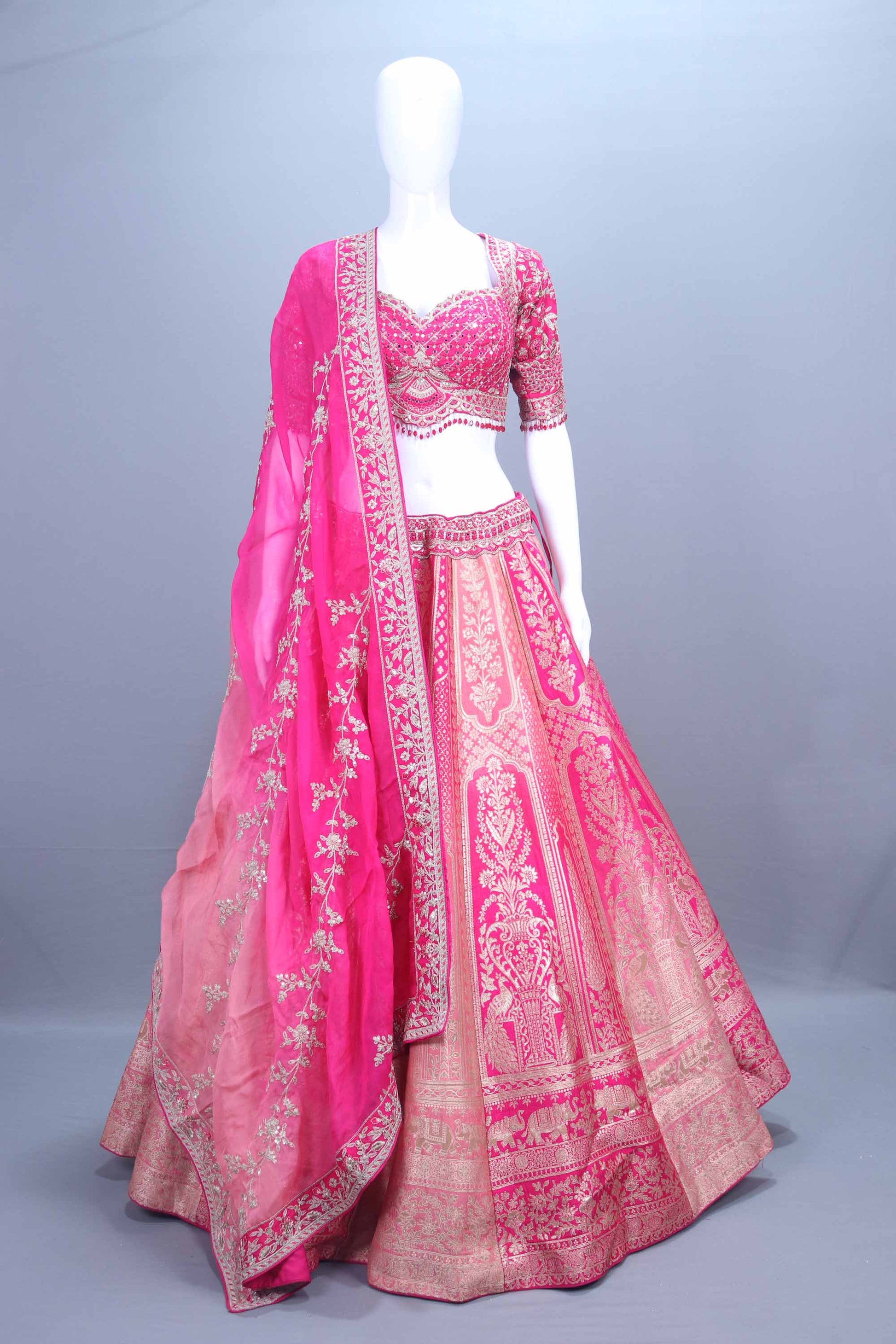 Hot Pink Banarasi Silk Embroidered Lehenga Choli with Dupatta