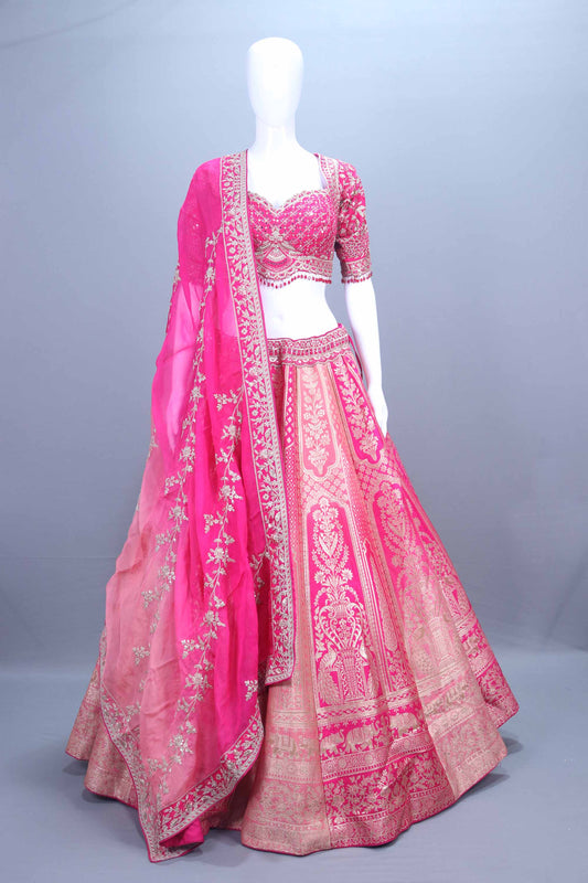 Hot Pink Banarasi Silk Embroidered Lehenga Choli with Dupatta 