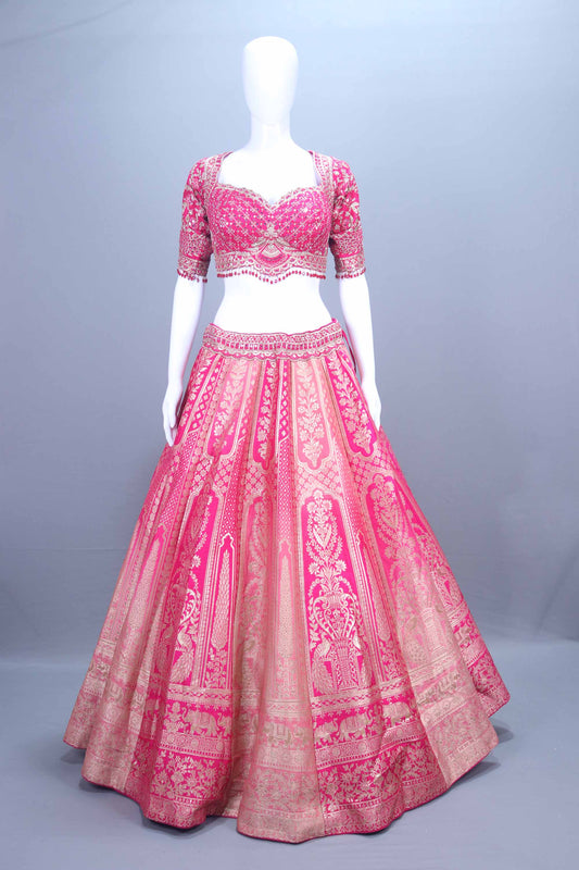 Hot Pink Banarasi Silk Embroidered Lehenga Choli with Dupatta