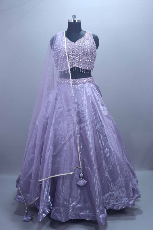 Lavender Mirror Work Organza Lehenga Choli with Dupatta