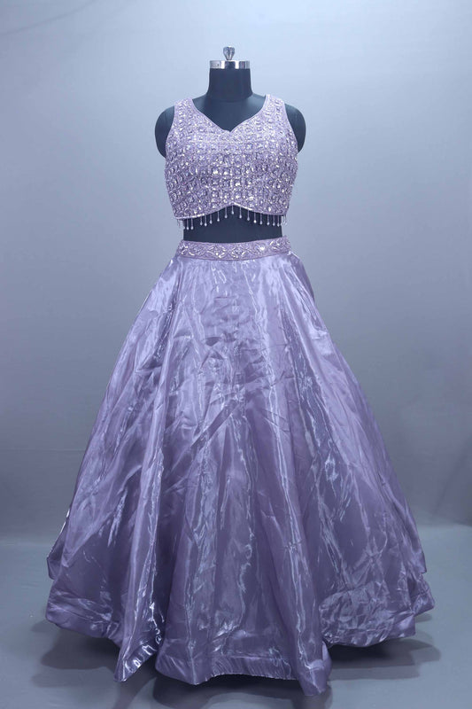 Lavender Mirror Work Organza Lehenga Choli with Dupatta