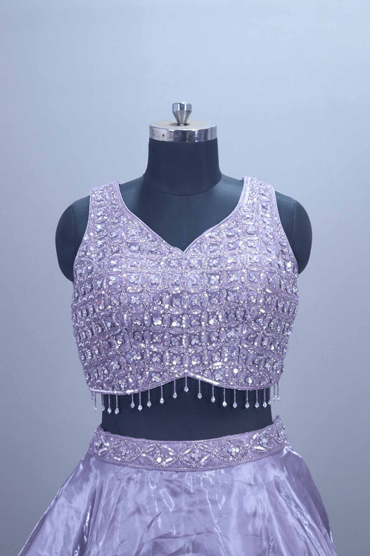 Lavender Mirror Work Organza Lehenga Choli with Dupatta