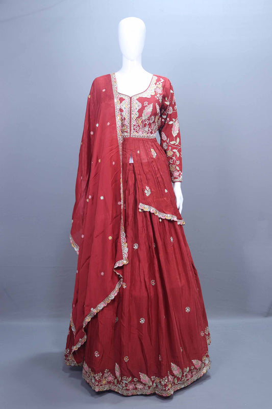 Maroon Embroidered Silk Lehenga Choli with Dupatta