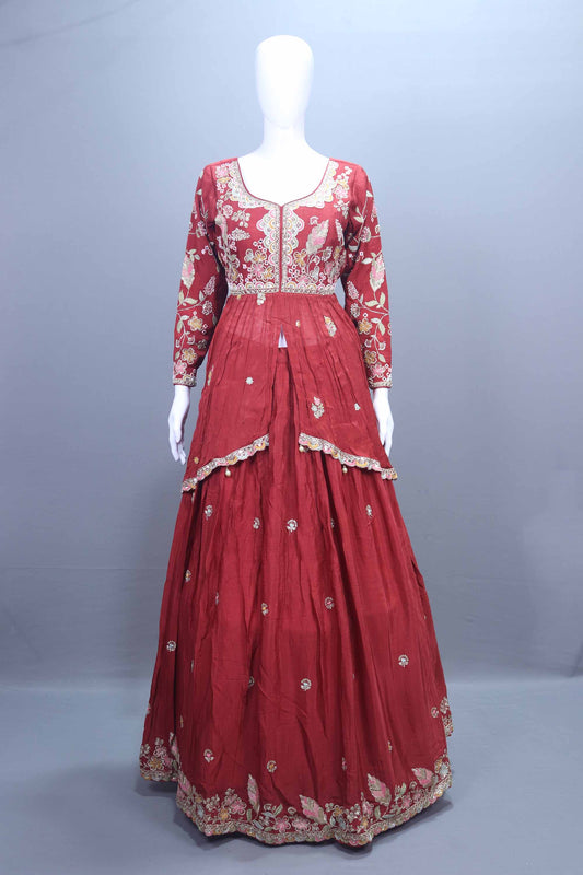 Maroon Embroidered Silk Lehenga Choli with Dupatta