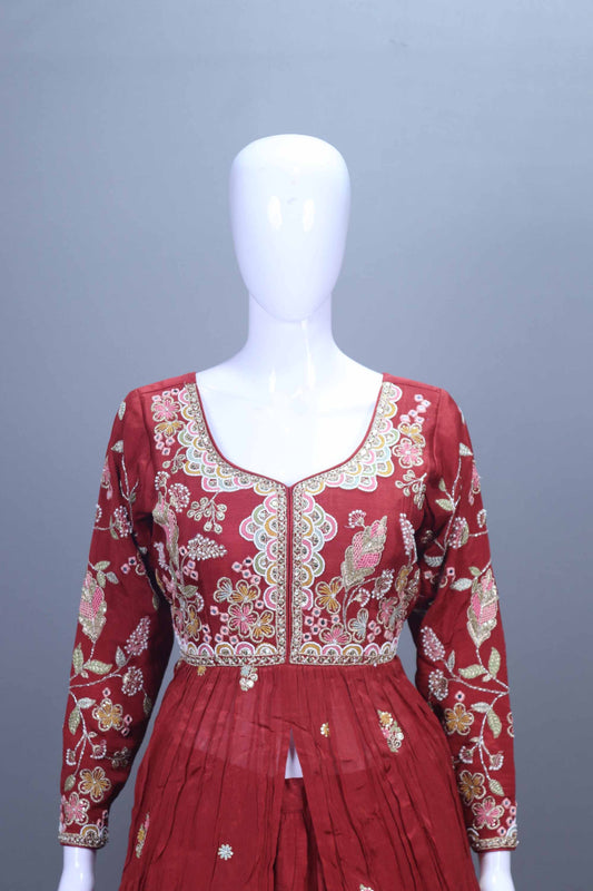 Maroon Embroidered Silk Lehenga Choli with Dupatta