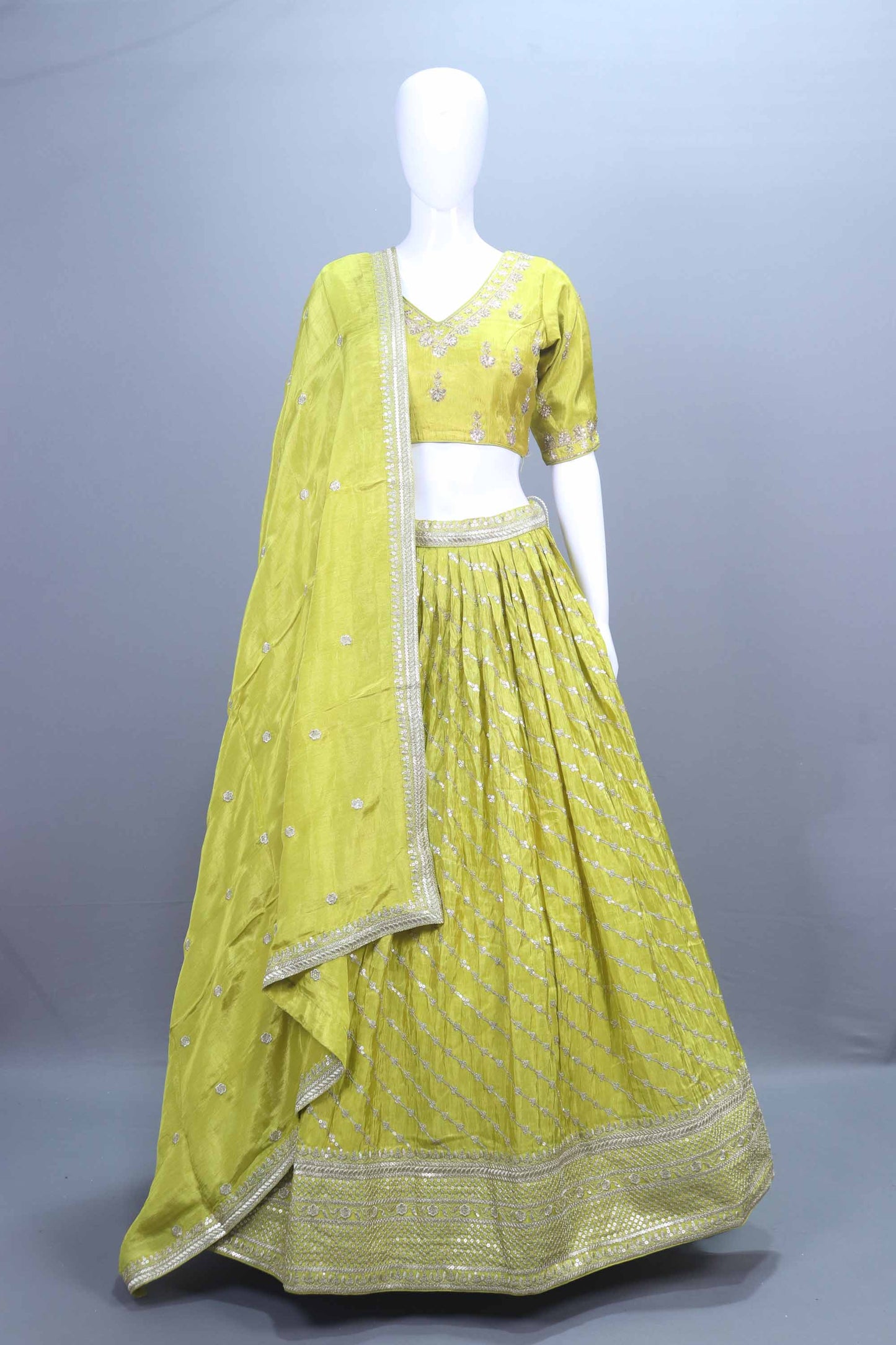 Lime Green Embroidered Silk Lehenga Choli with Dupatta