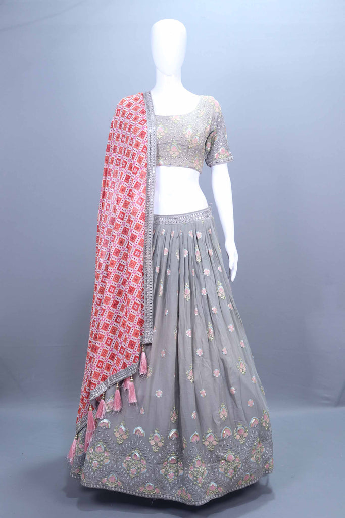 Elegant Grey Mirror Work Embroidered Lehenga Choli with Red Bandhani Dupatta